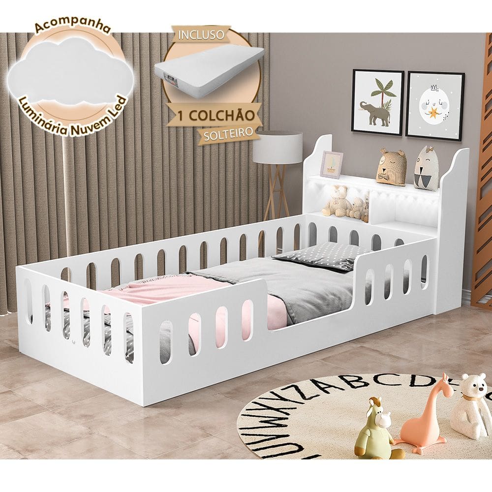 Cama de Criança Helo Solteiro com Colchão Nicho e Led Branca Acompanha Luminária Nuvem