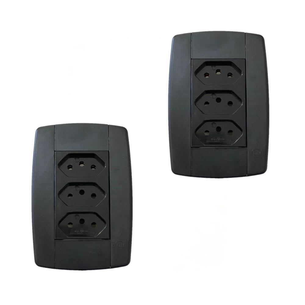 Kit 2 Conjunto 3 Tomadas Preta Monobloco 2P+T 10A 250V 4X2