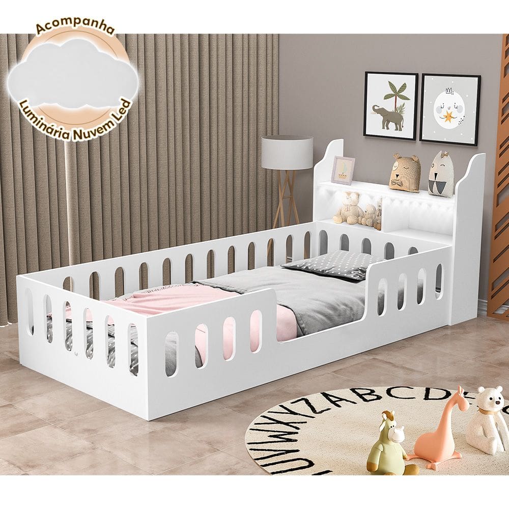 Cama de Criança Helo Solteiro com Nicho e Led Branca Acompanha Luminária Nuvem