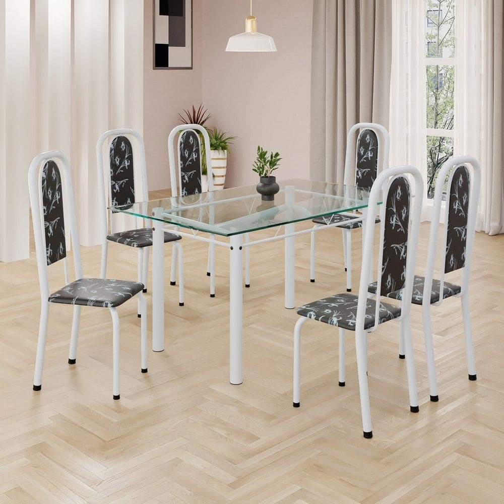 Conjunto de Mesa Retangular 140x75cm Tampo de Vidro 6 Cadeiras Lavínea Preto Floral/ Branco