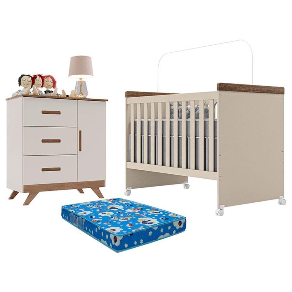 Berço Mini Cama Lívia e Cômoda Infantil Retro Maya Off White Carvalho com Colchão Ortobom - Canaã