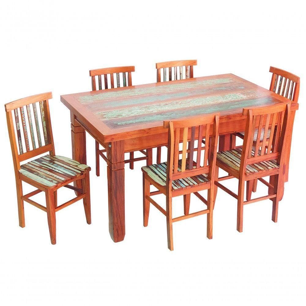 Conjunto Mesa De Jantar 1,5 M 6 Cadeiras Mineira Madeira Maciça Com Pátina