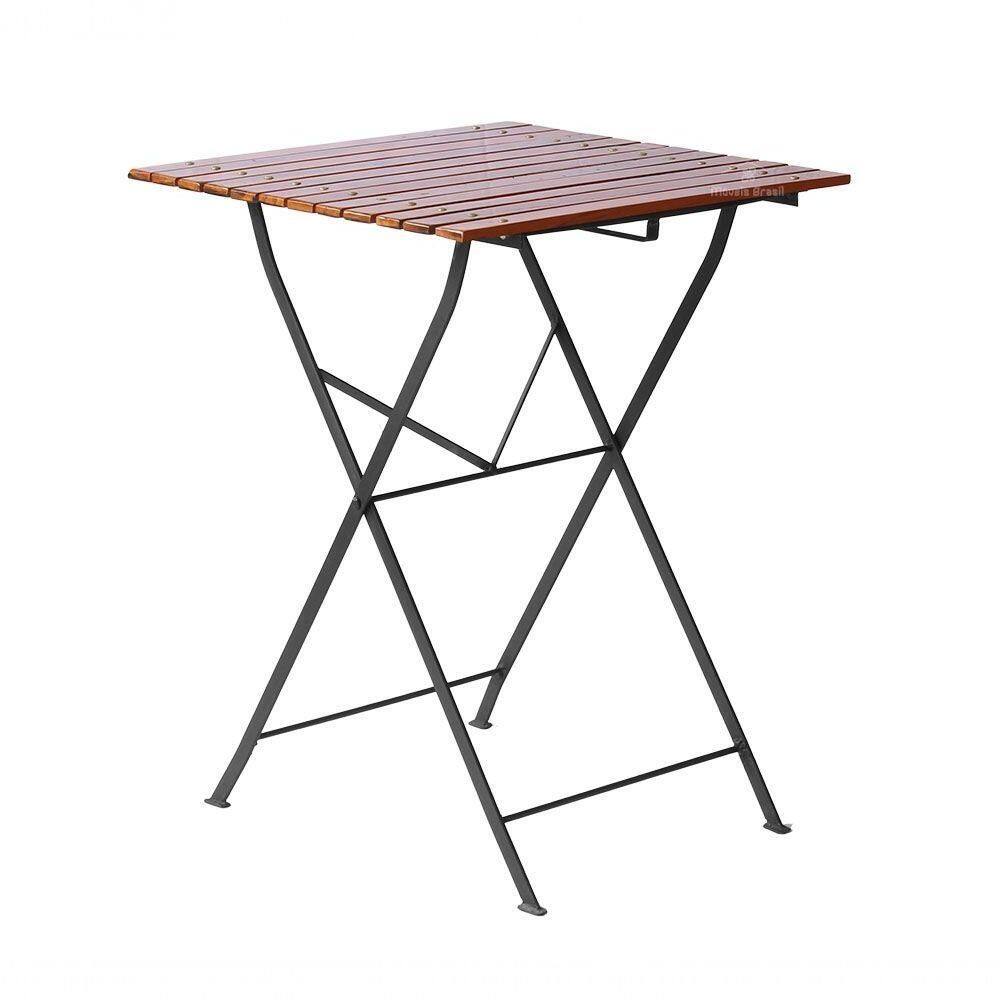 Mesa Dobrável 60x60cm Em Ferro E Madeira Maciça Natural