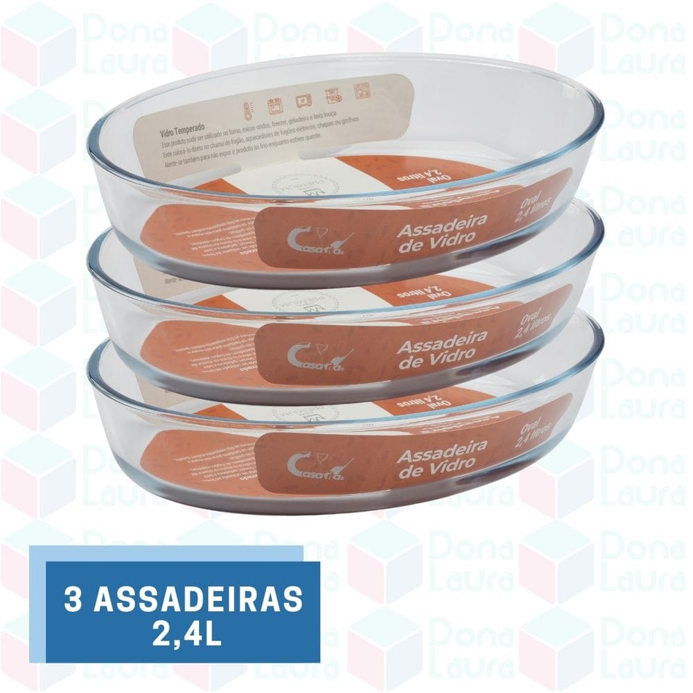 Travessa Vidro Temperado 2,4L Forno Assados Cozidos Saladas 3UNIDADE