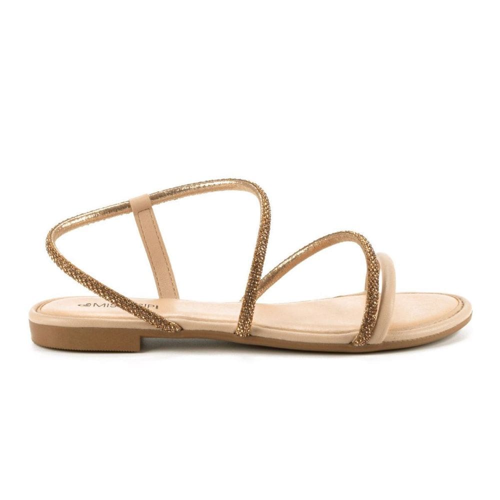 Sandália Mississipi Rasteira Tiras Finas Strass Feminino Bege