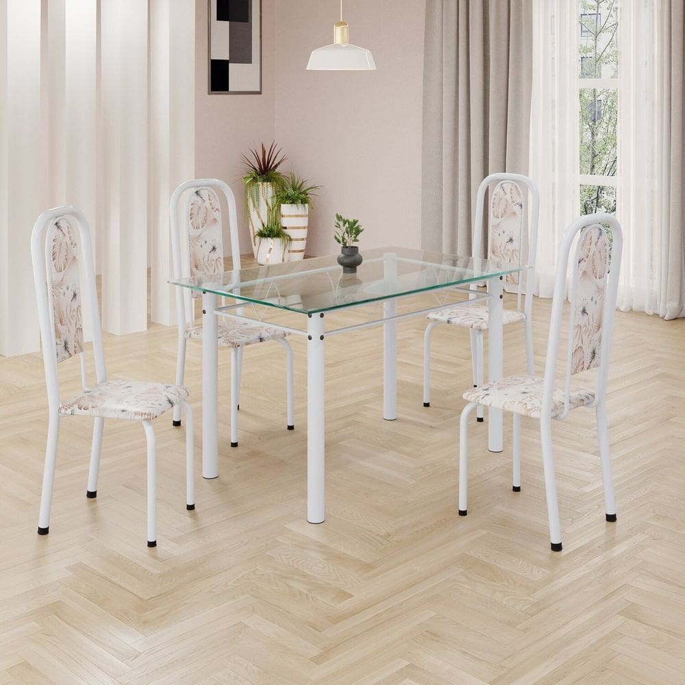 Conjunto de Mesa Retangular a 120x75cm Tampo de Vidro 4 Cadeiras Lavínea Botanic Bege / Branco