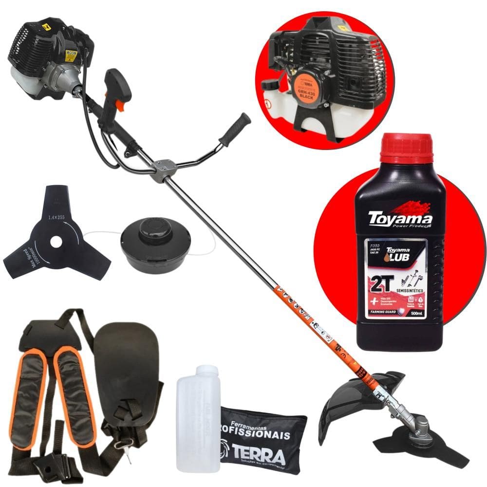 Máquina de Cortar Grama Á Gasolina GRH430 Terra cor Preta 43cc 1,7Hp Roçadeira de Alta Rotação e Potência + ÓLEO TOYAMA FG50 2T