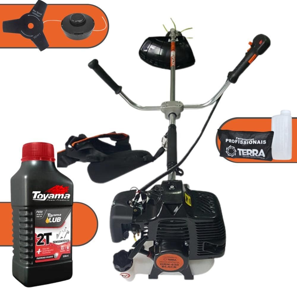 Roçadeira Terra Profissional GRH430 Black Á Gasolina 2T 43cc 1,7Hp Alta Potência e Economia Com Faca 3 Pontas e Carretel Nylon + ÓLEO TOYAMA FG50 2T