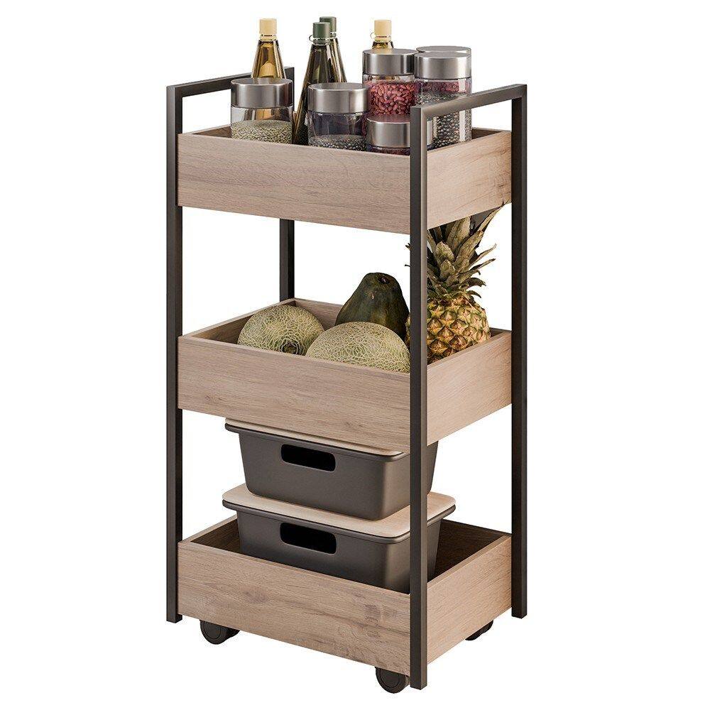 Carrinho Organizador Fruteira 3 Prateleiras Industrial Liss M24 Freijó/Preto - Mpozenato