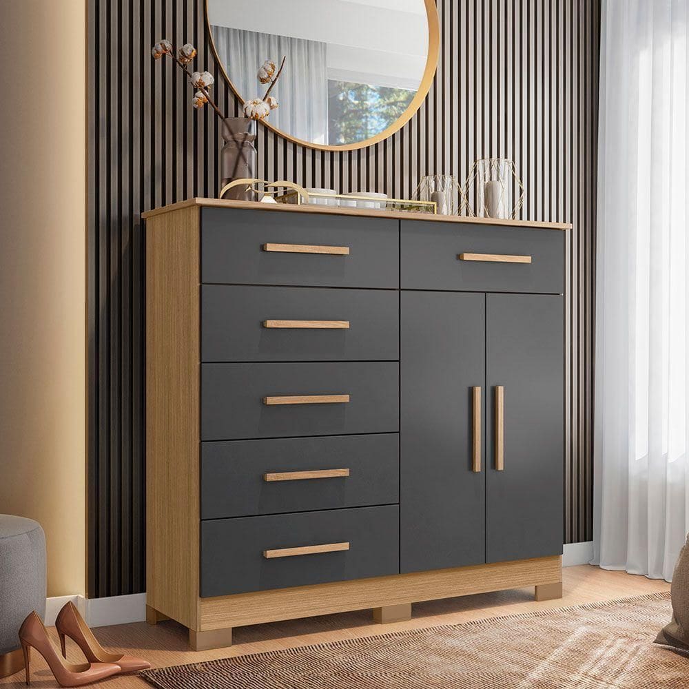 Cômoda 6 Gavetas E 2 Portas Xangai Nature Titanium Albatroz