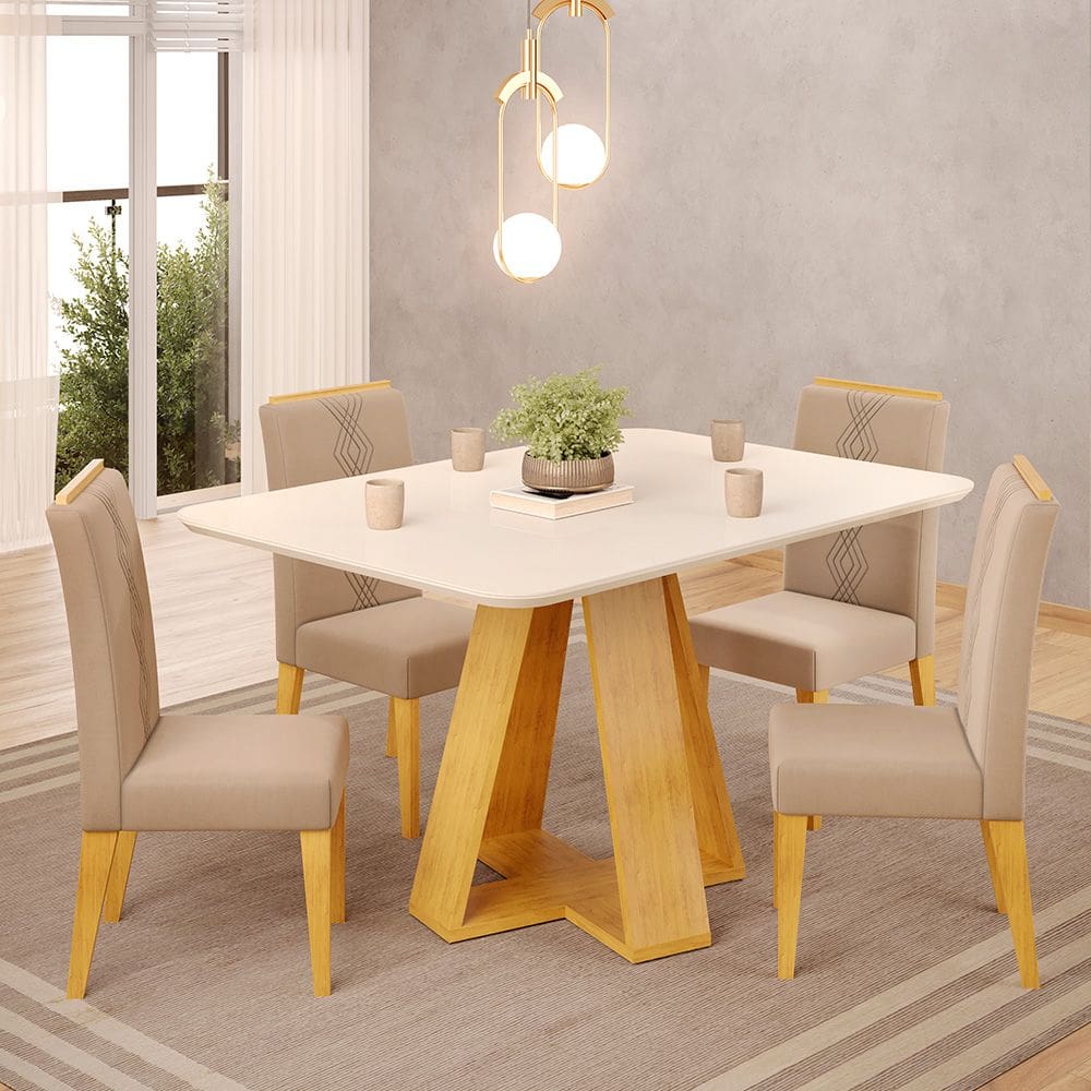 Mesa de Jantar Kiara 120x90 com 04 Cadeiras Yasmin Cedro Off White Veludo Kraft DJ Móveis