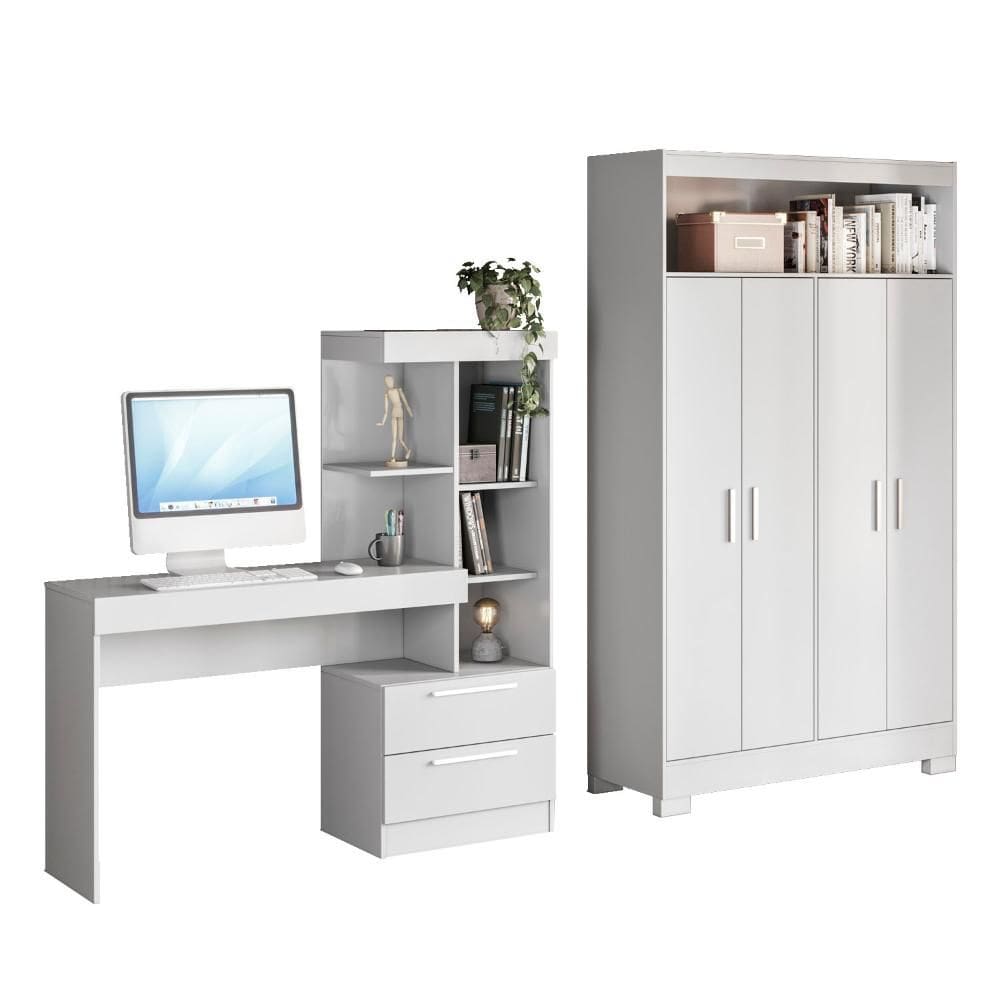 Conjunto Para Escritório 2 Peças com Mesa e Armário 4 portas Preto Tx Notável Móveis