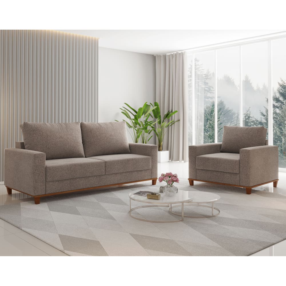 Conjunto Estofado Living 3 Lugares e 1 Poltrona Napoles Linho Kaki - Casa Giulia