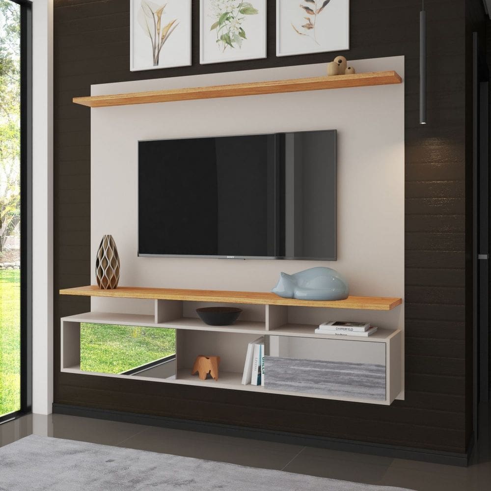 Home Suspenso para TV até 75 Polegadas Venus 2 Portas 2 Prateleiras Off White/Cobre - Casa Giulia