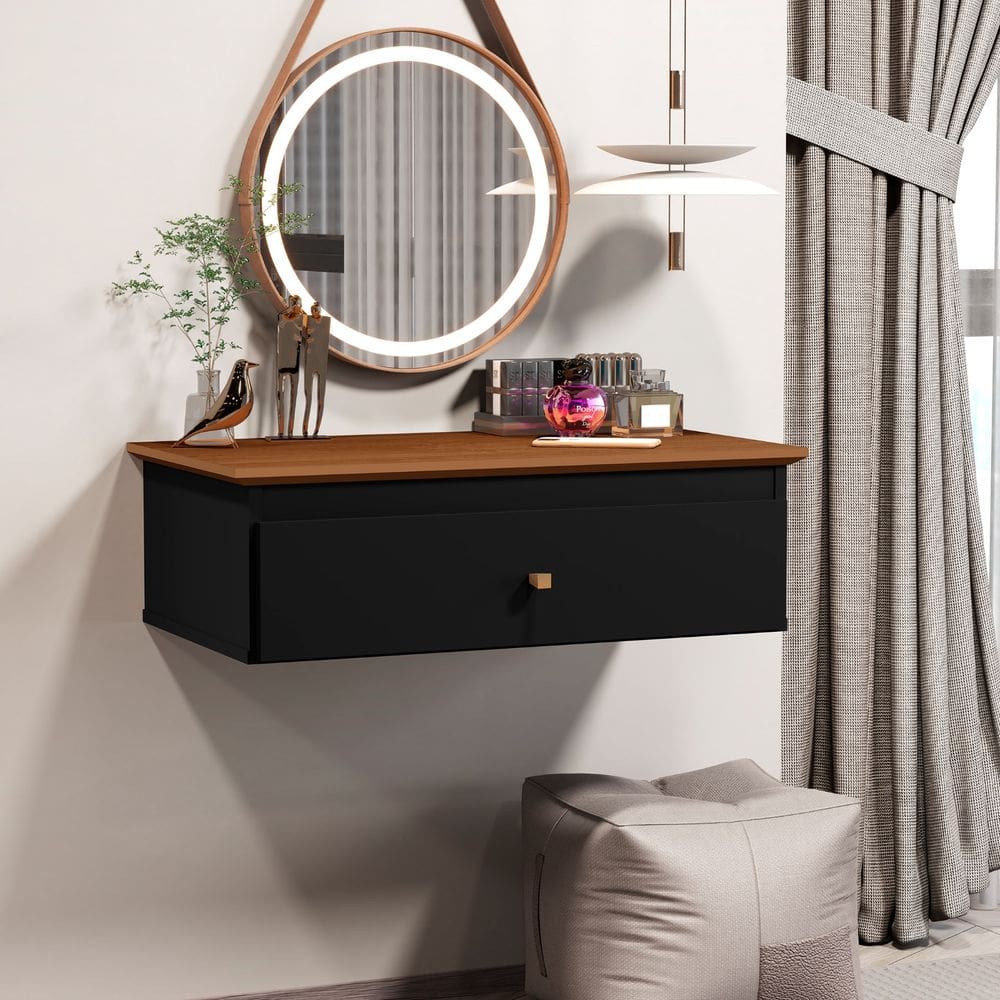 Penteadeira Com 1 Gaveta De Parede Suspensa Preto Freijó