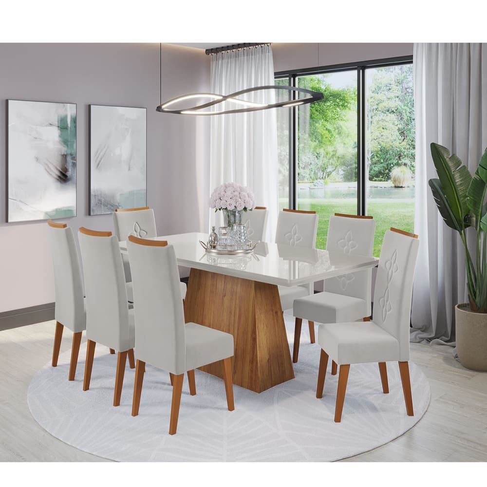 Mesa de Jantar Retangular Perini Com 8 Cadeiras Flora em Madeira Maciça Cobre/Vd Off White/Marfim - Casa Giulia