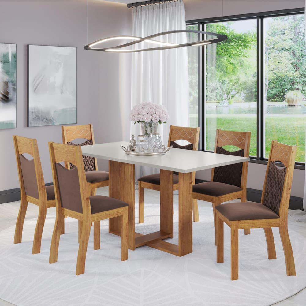 Mesa de Jantar Retangular Ayron Com 6 Cadeiras Pietra Cobre/Blonde/Bombom - Casa Giulia