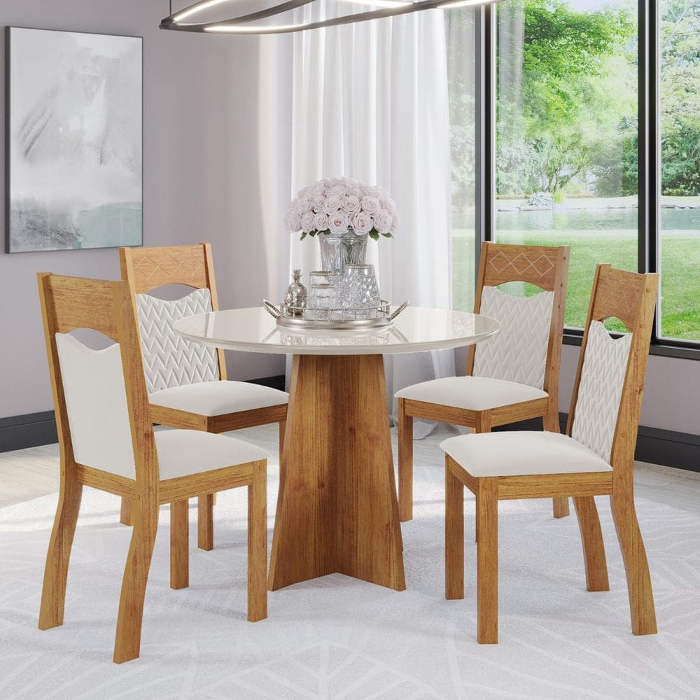Mesa de Jantar Redonda Lilith Com 4 Cadeiras Pietra Cobre/Off White/Marfim - Casa Giulia