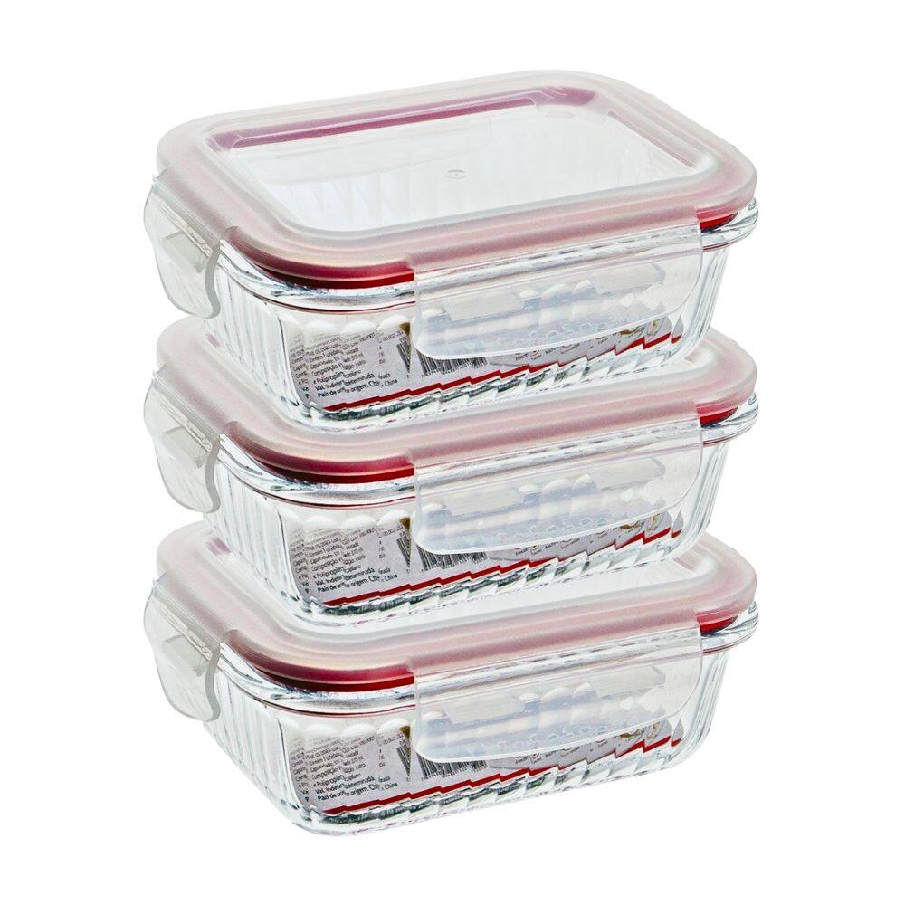 3 Potes Hermético Vidro Retangular 370ml Organizador Fitness