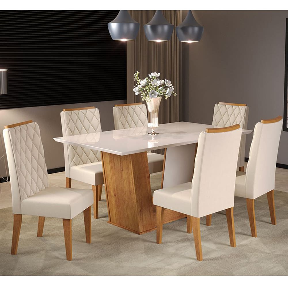 Mesa de Jantar Retangular Vitton Com 6 Cadeiras Iza Cobre/Bege/Vd Off White - Casa Giulia