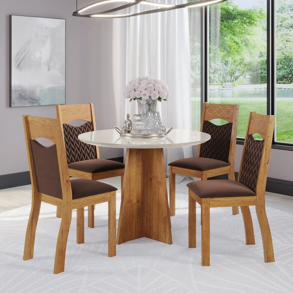 Mesa de Jantar Redonda Lilith Com 4 Cadeiras Pietra Cobre/Off White/Bombom - Casa Giulia
