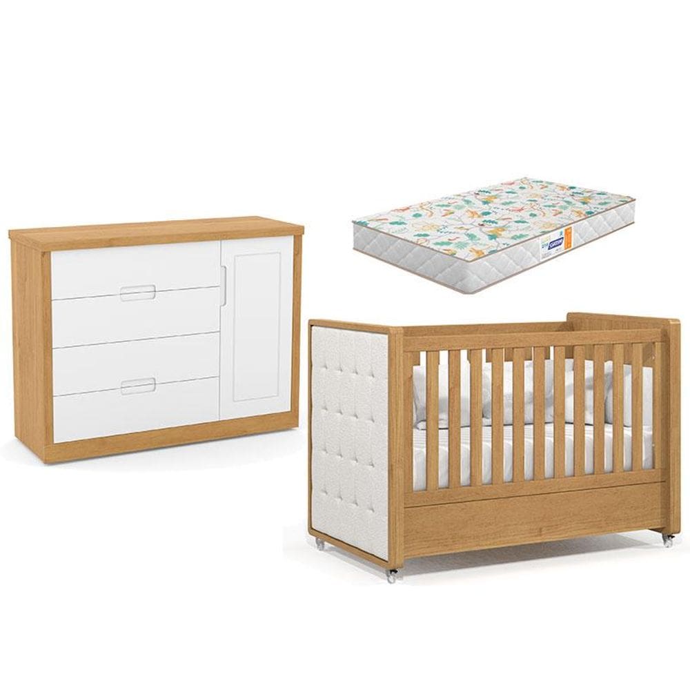 Berço Americano com Capitonê New Boucle e Cômoda Infantil Tutto New Freijó e Colchão Gazin - Matic