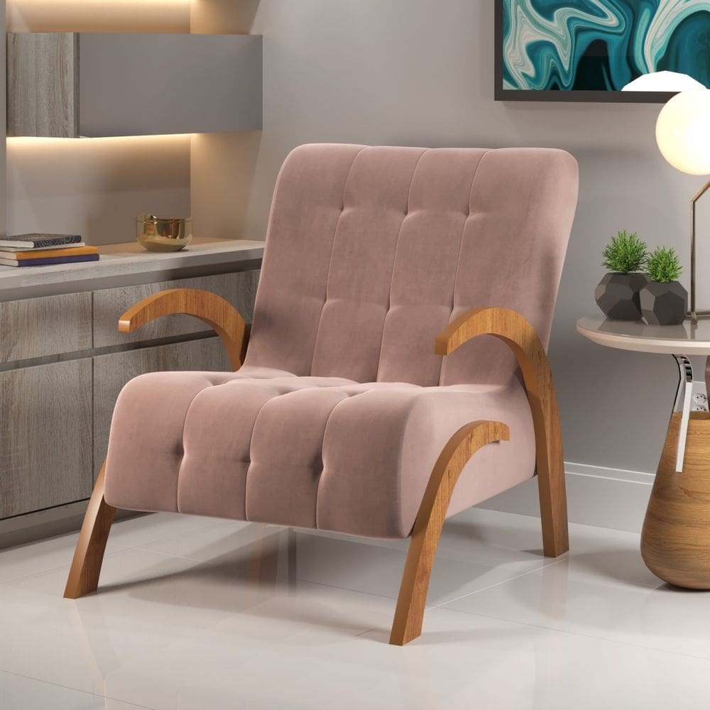 PoltronaPés de MDF Malvie Cobre/Veludo Rosa - Casa Giulia