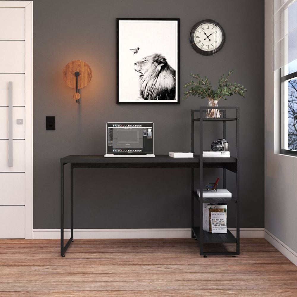 Escrivaninha com Estante Alta Estilo Industrial 135cm com 03 Prateleiras Dynamica Yescasa Preto Onix