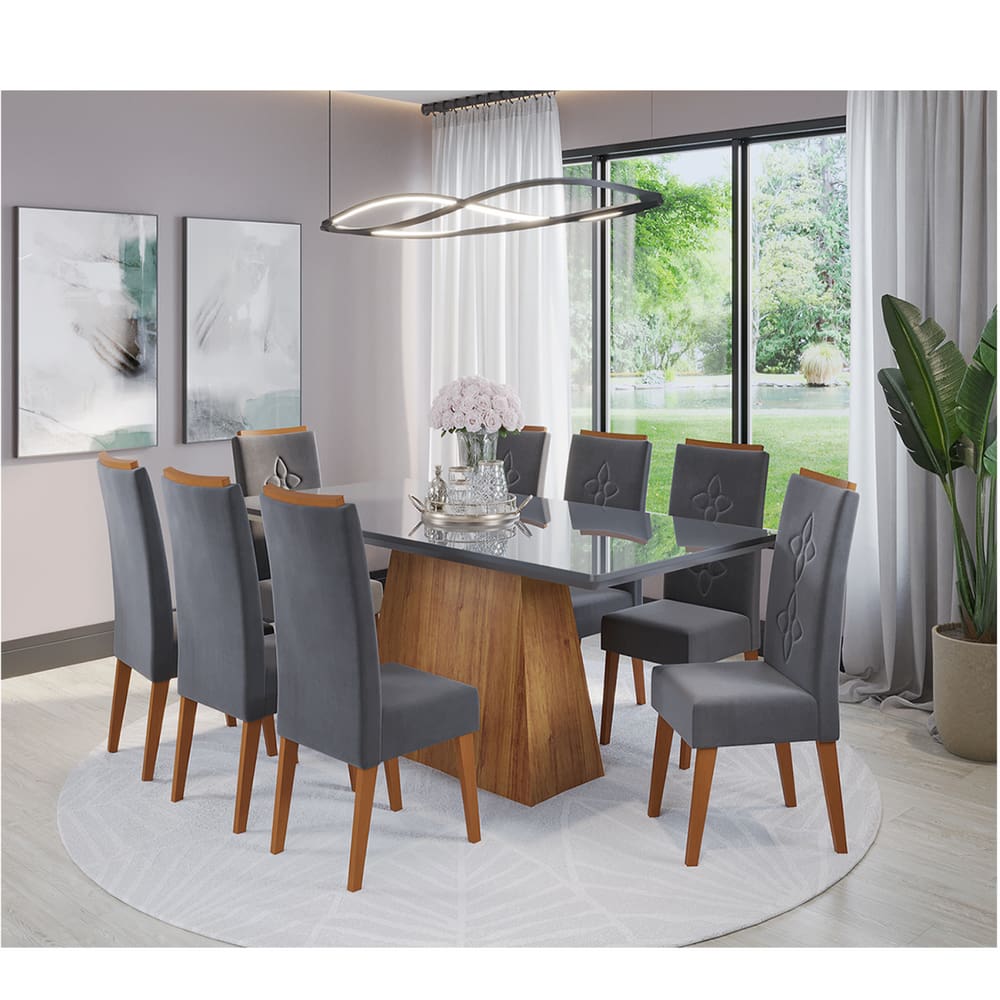 Mesa de Jantar Retangular Perini Com 8 Cadeiras Flora em Madeira Maciça Cobre/Vd Grafite/Grafite - Casa Giulia