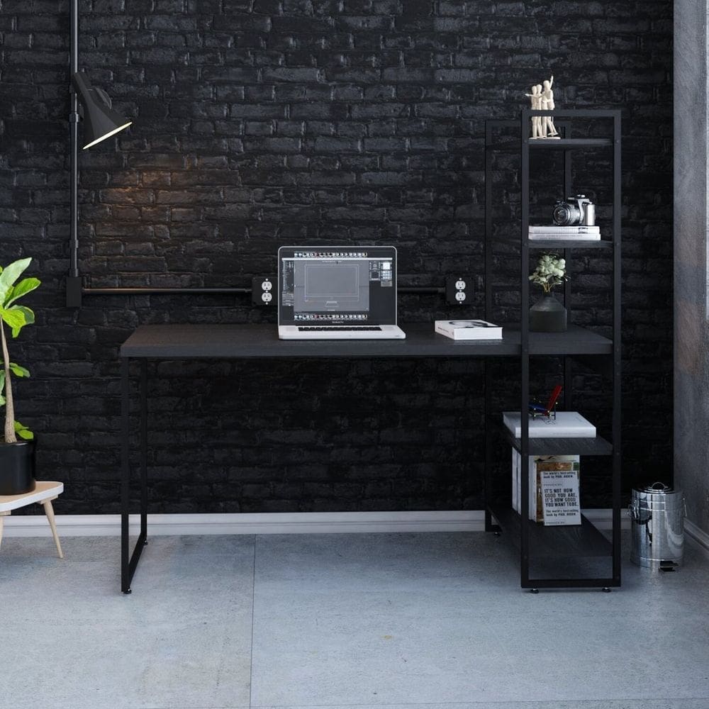 Escrivaninha com Estante Alta Estilo Industrial 150cm com 04 Prateleiras Dynamica Yescasa Preto Onix
