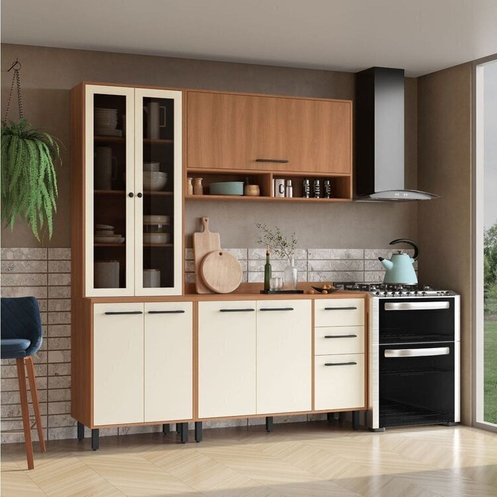 Cozinha Modulada Havana 3 Peças com Tampo e Cristaleira 08 Portas e 2 Gavetas Rovere/Champanhe