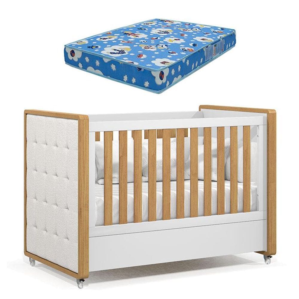 Berço Americano Tutto New Freijó Branco Acetinado com Capitonê New Boucle e Colchão Ortobom - Matic