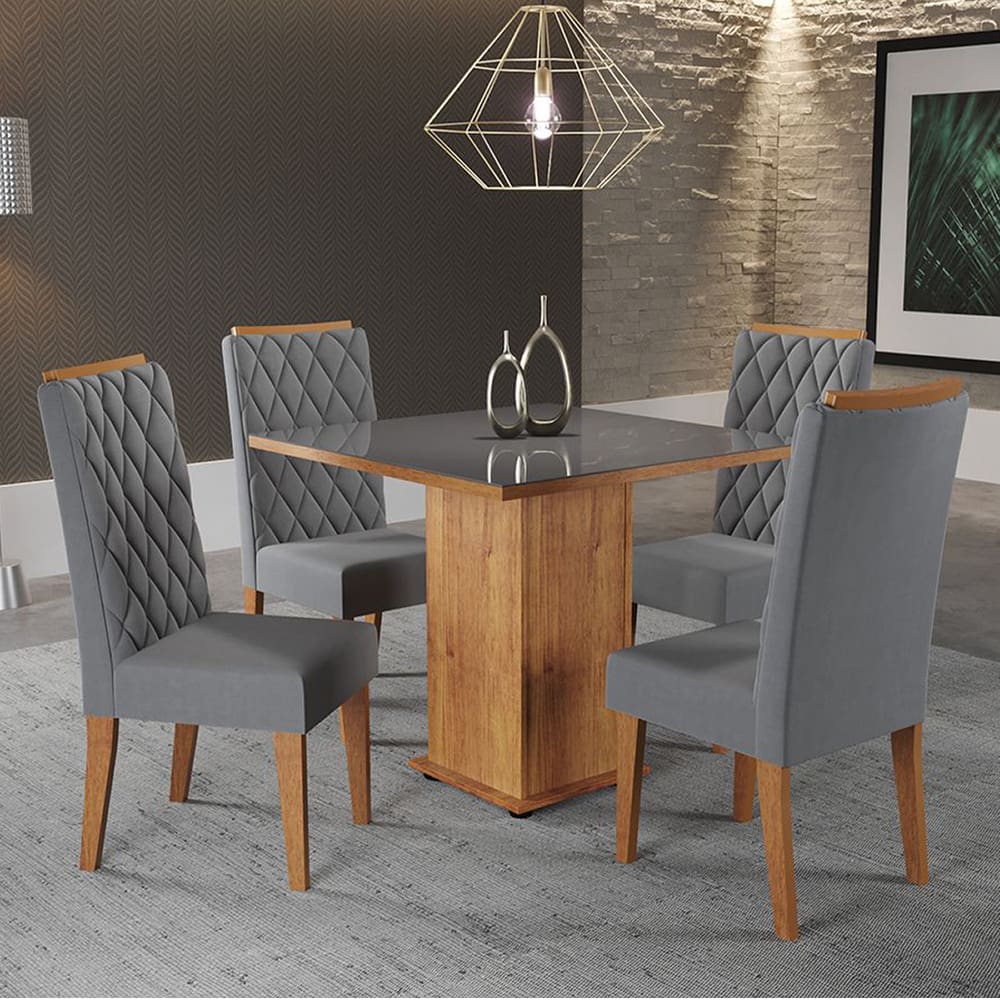 Mesa de Jantar Quadrada Betim com 4 Cadeiras Iza Cobre/Cinza/Vd Grafite - Casa Giulia