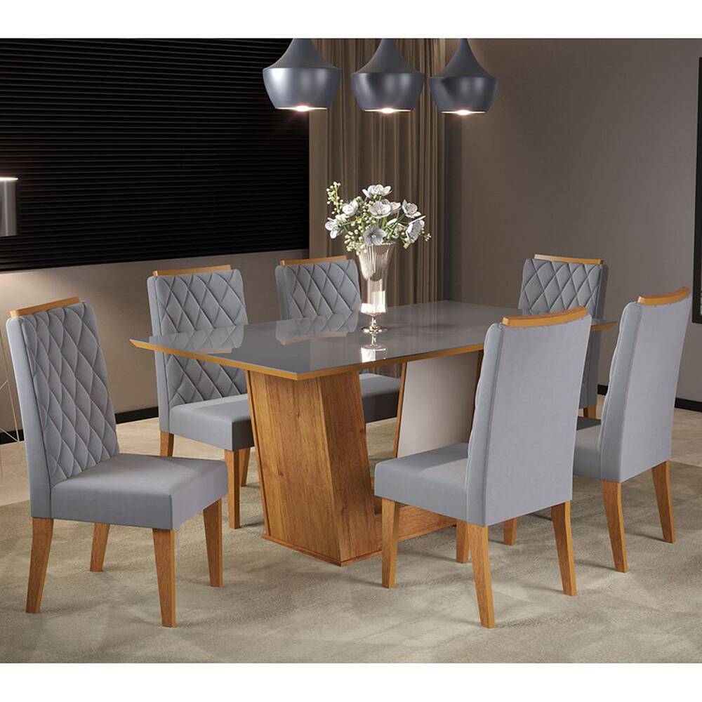 Mesa de Jantar Retangular Vitton Com 6 Cadeiras Iza Cobre/Cinza/Vd Grafite - Casa Giulia
