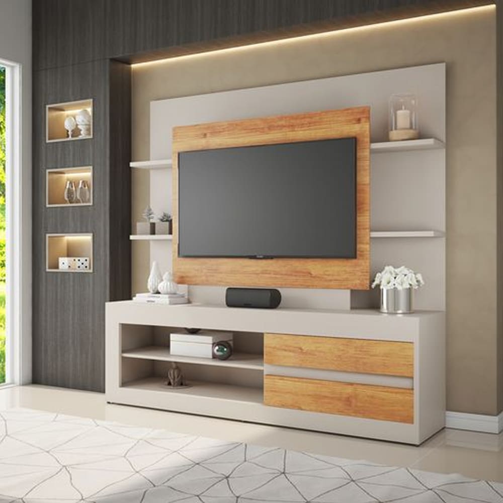 Estante para TV até 55 Polegadas Miles 2 Gavetas 5 Prateleiras Off White/Cobre - Casa Giulia