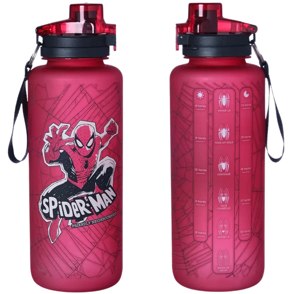 Garrafa Academia Homem-Aranha Spider-Man Com Trava Alça Medidor 1,650L Oficial Marvel