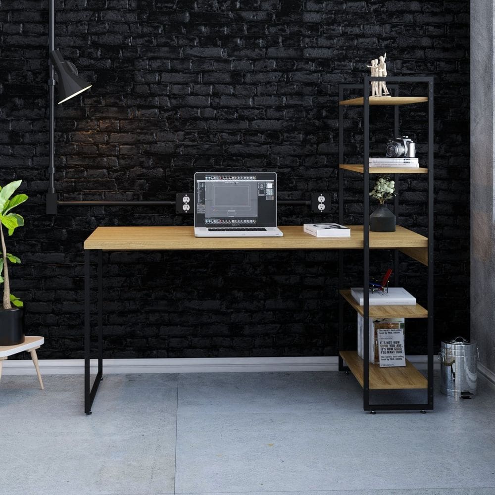 Escrivaninha com Estante Alta Estilo Industrial 150cm com 04 Prateleiras Dynamica Yescasa Lamina Mel / Preto