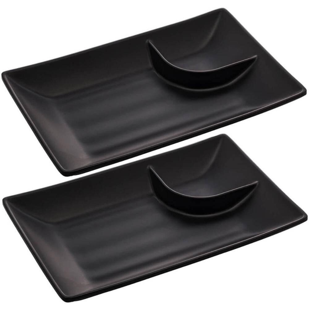 Kit 2 Pratos para Sushi com Molheira Melamina Pretos 19x12,5cm Lyor Tóquio Retangulares