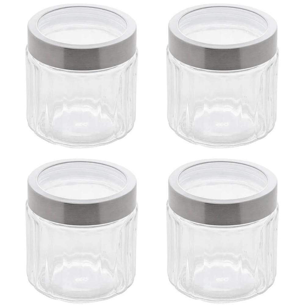 Jogo 4 Potes Redondos de Vidro com Tampas em Aço Inox 870ml Sydney Lyor Transparentes