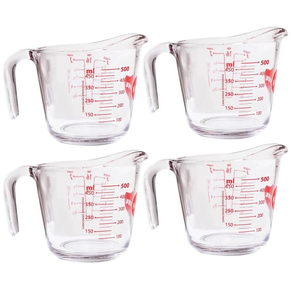 Kit 4 Jarras Medidoras de Vidro Marinex 500ml com Bico e Alça Restaurante Padaria