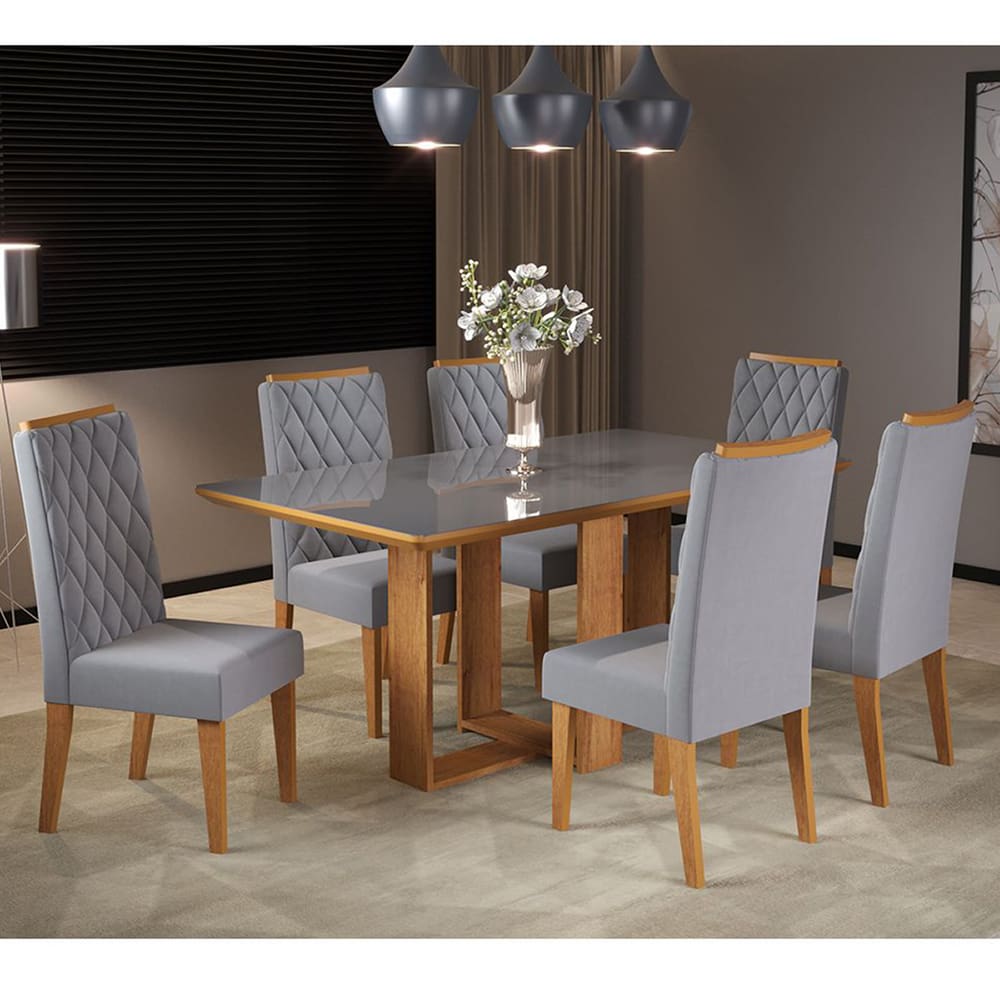 Mesa de Jantar Retangular Castelli Com 6 Cadeiras Iza Cobre/Cinza/Vd Grafite - Casa Giulia
