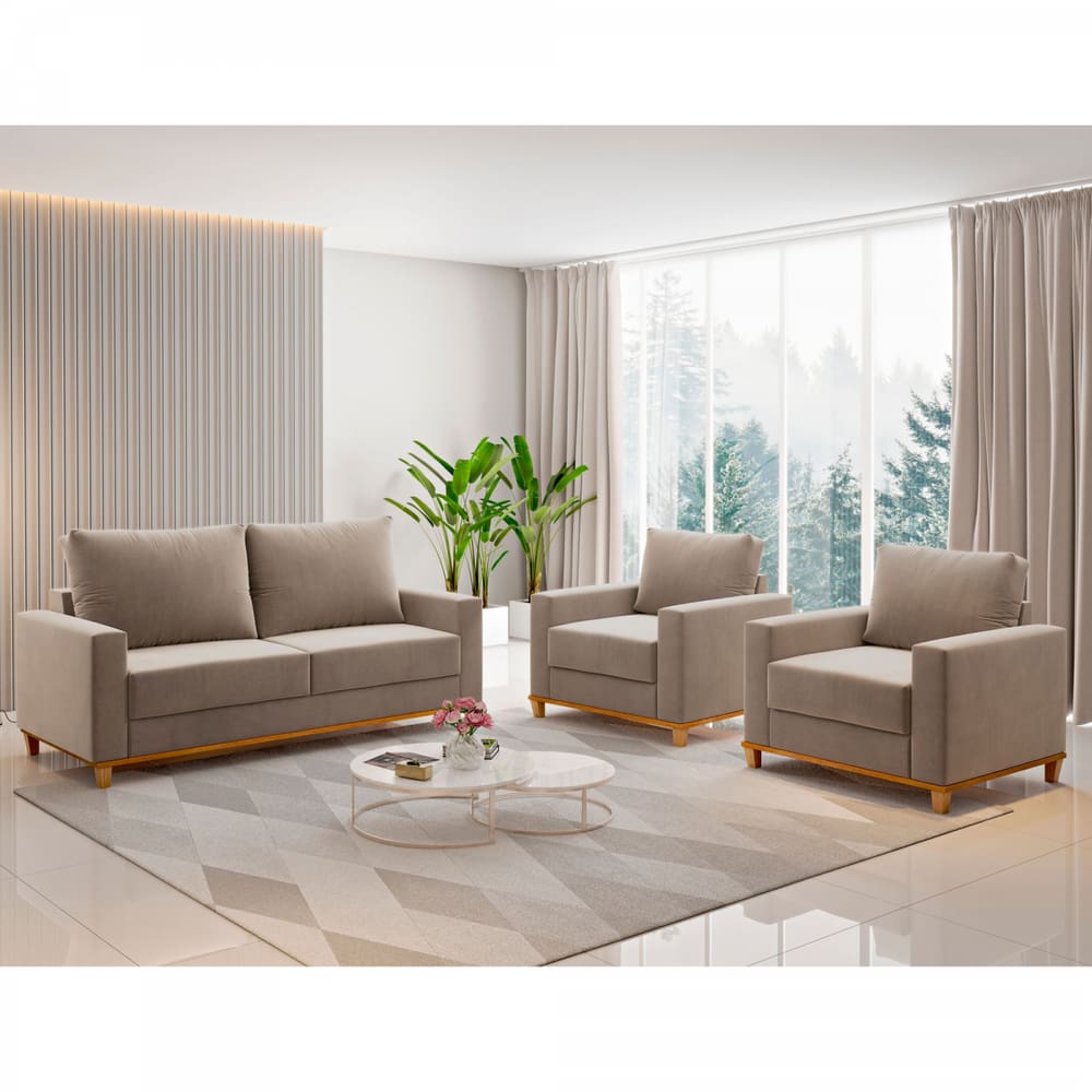 Conjunto Estofado Living e 2 Poltronas Napoles Perola - Casa Giulia