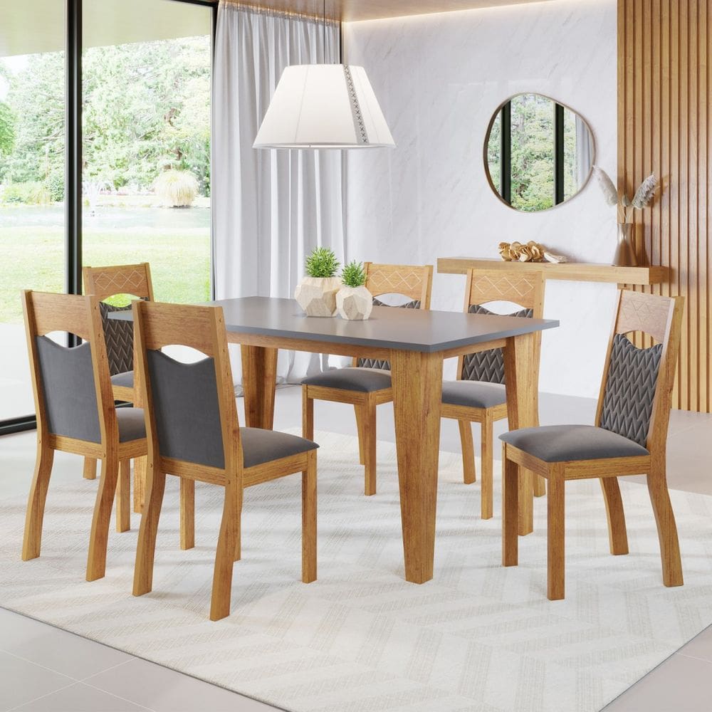 Mesa de Jantar Retangular Vitto Com 6 Cadeiras Pietra Cobre/Cinza Brilho/Grafite - Casa Giulia