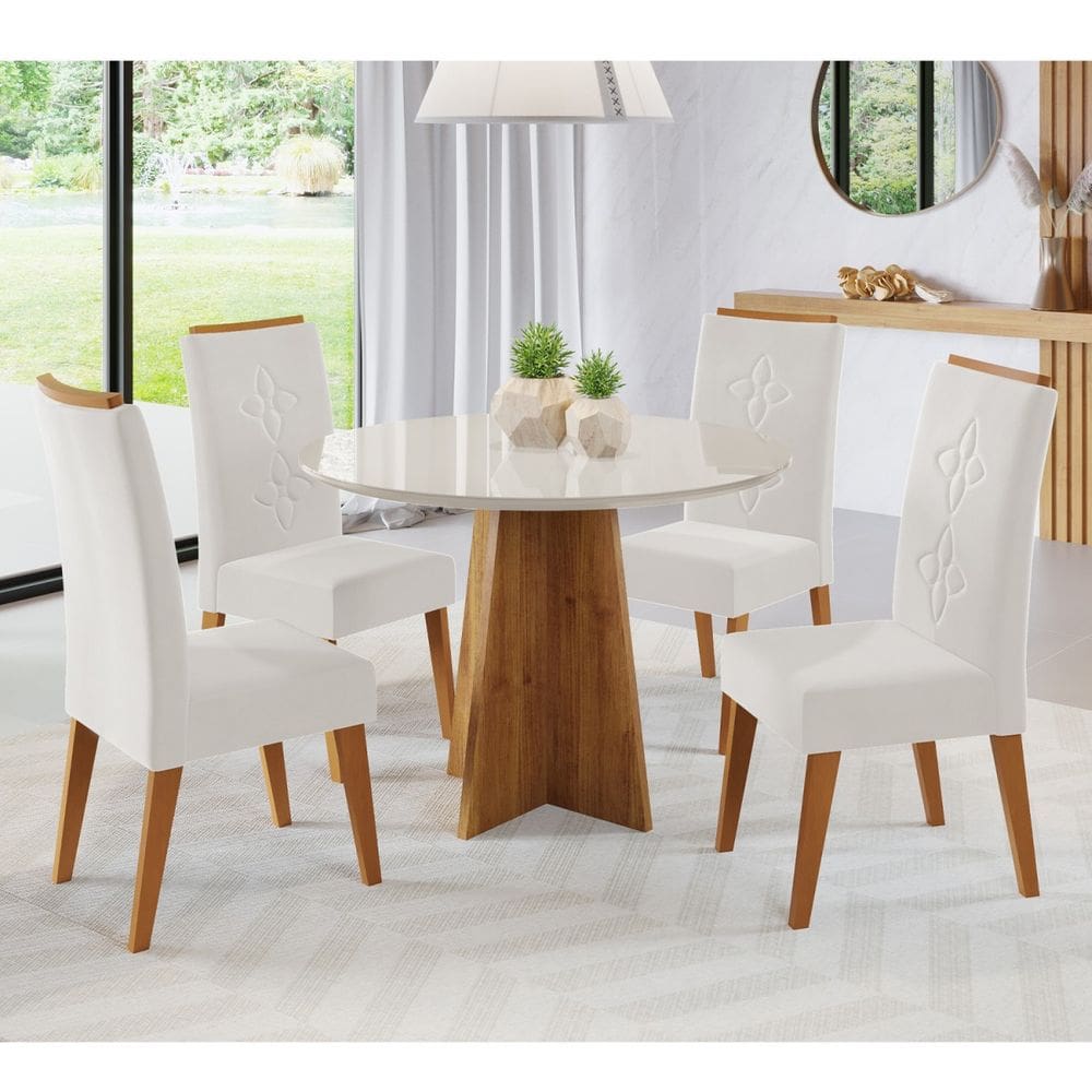 Mesa de Jantar Redonda Viana Com 4 Cadeiras Flora em Madeira Maciça Cobre/MarfimVD Off White - Casa Giulia