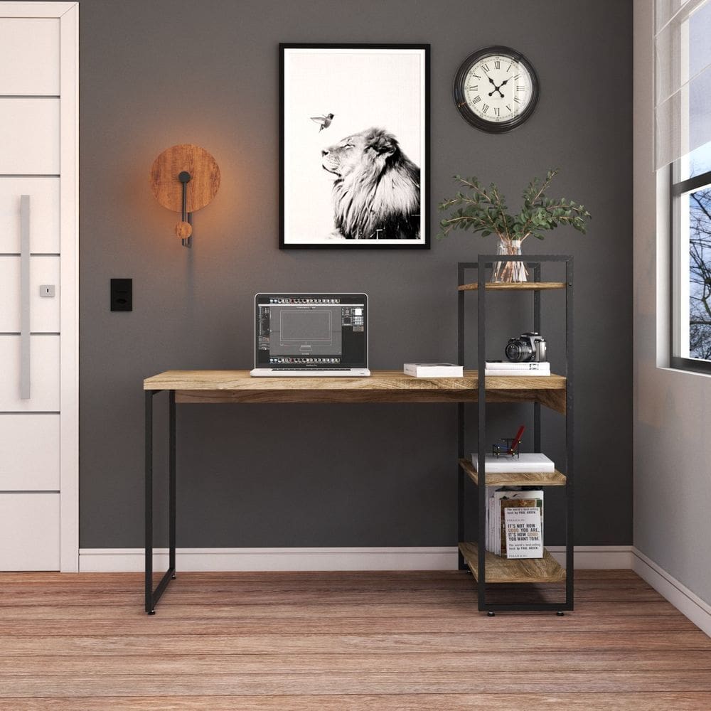 Escrivaninha com Estante Alta Estilo Industrial 135cm com 03 Prateleiras Dynamica Yescasa Carvalho / Preto