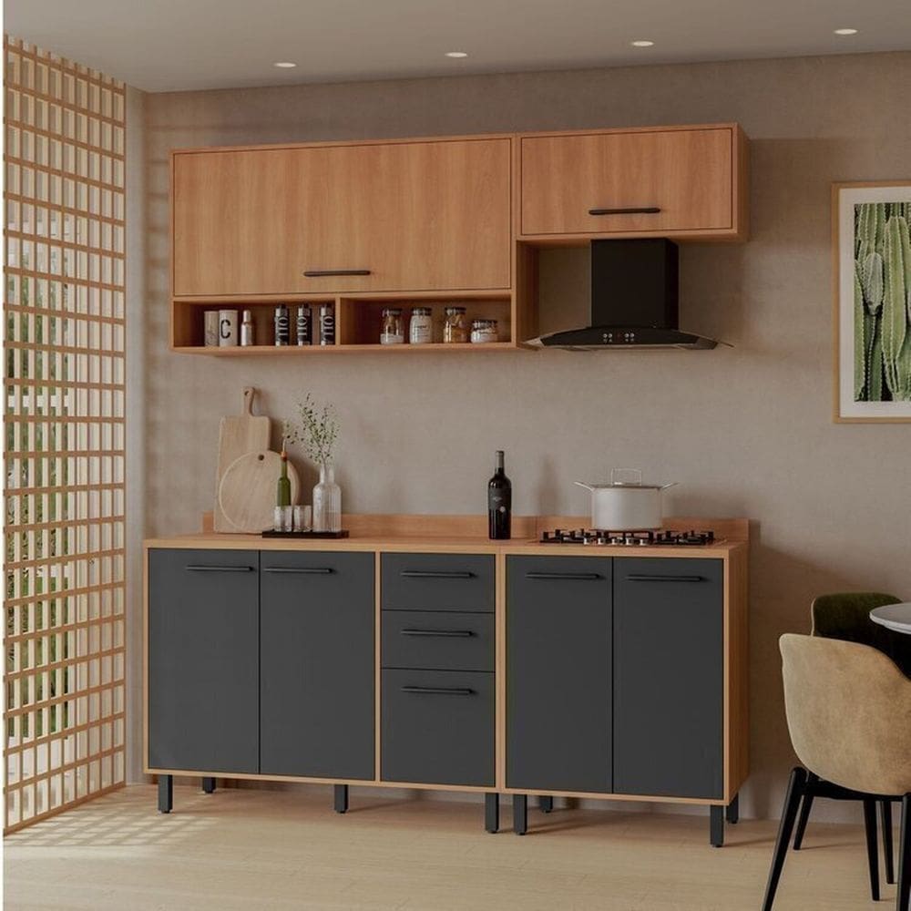 Cozinha Modulada Havana com Tampo 07 Portas e 2 Gavetas Rovere/Grafite