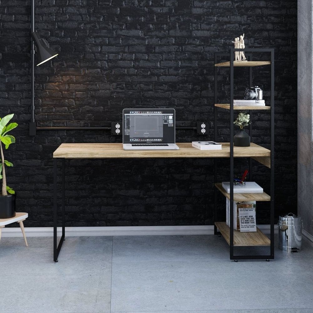 Escrivaninha com Estante Alta Estilo Industrial 150cm com 04 Prateleiras Dynamica Yescasa Carvalho / Preto