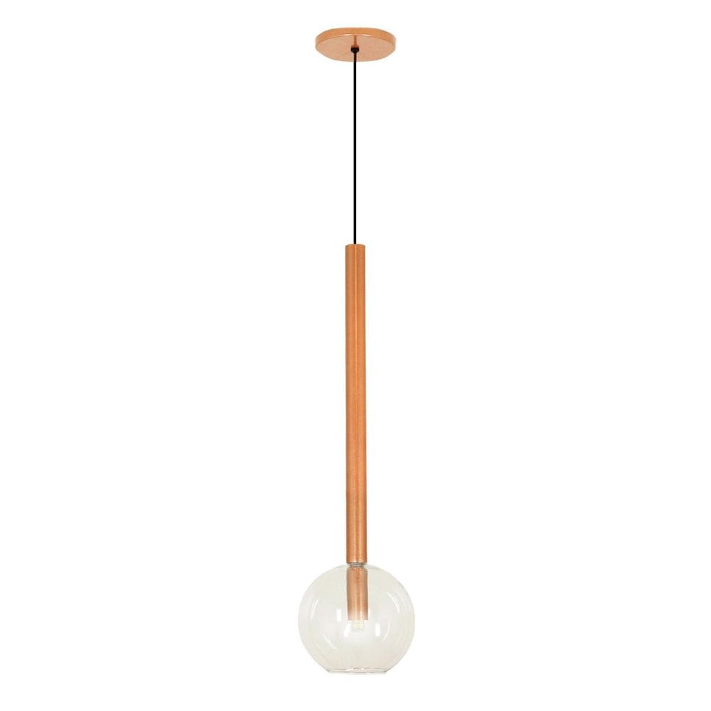 Luminária Lustre Teto Pendente Tubo Globo Vidro 20Cm Cobre