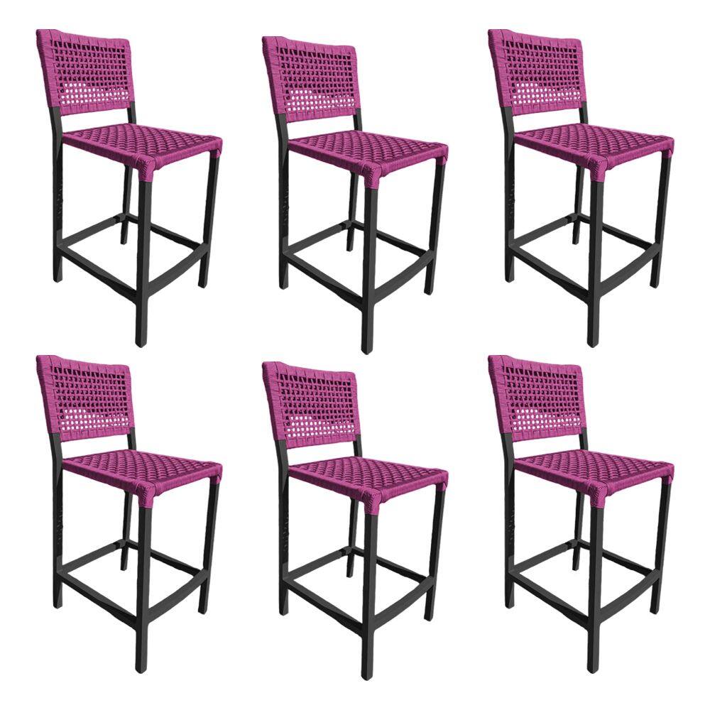 Kit 6 Banquetas França em Corda Náutica e Base em Alumínio Preta para Área Gourmet Rosa