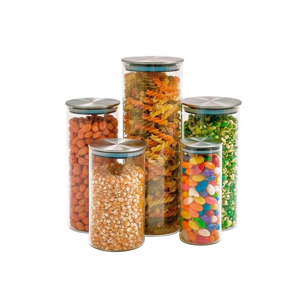 Kit 5 potes de vidro com tampa inox hermético circular - Tud
